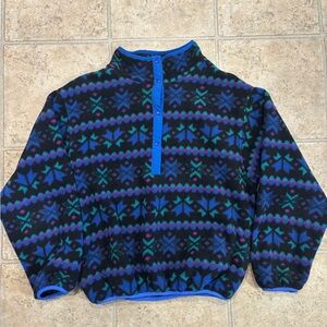 VTG LL Bean Fleece Pullover L/XL Sweater Blue Aztec Snowflake Snap T USA Made